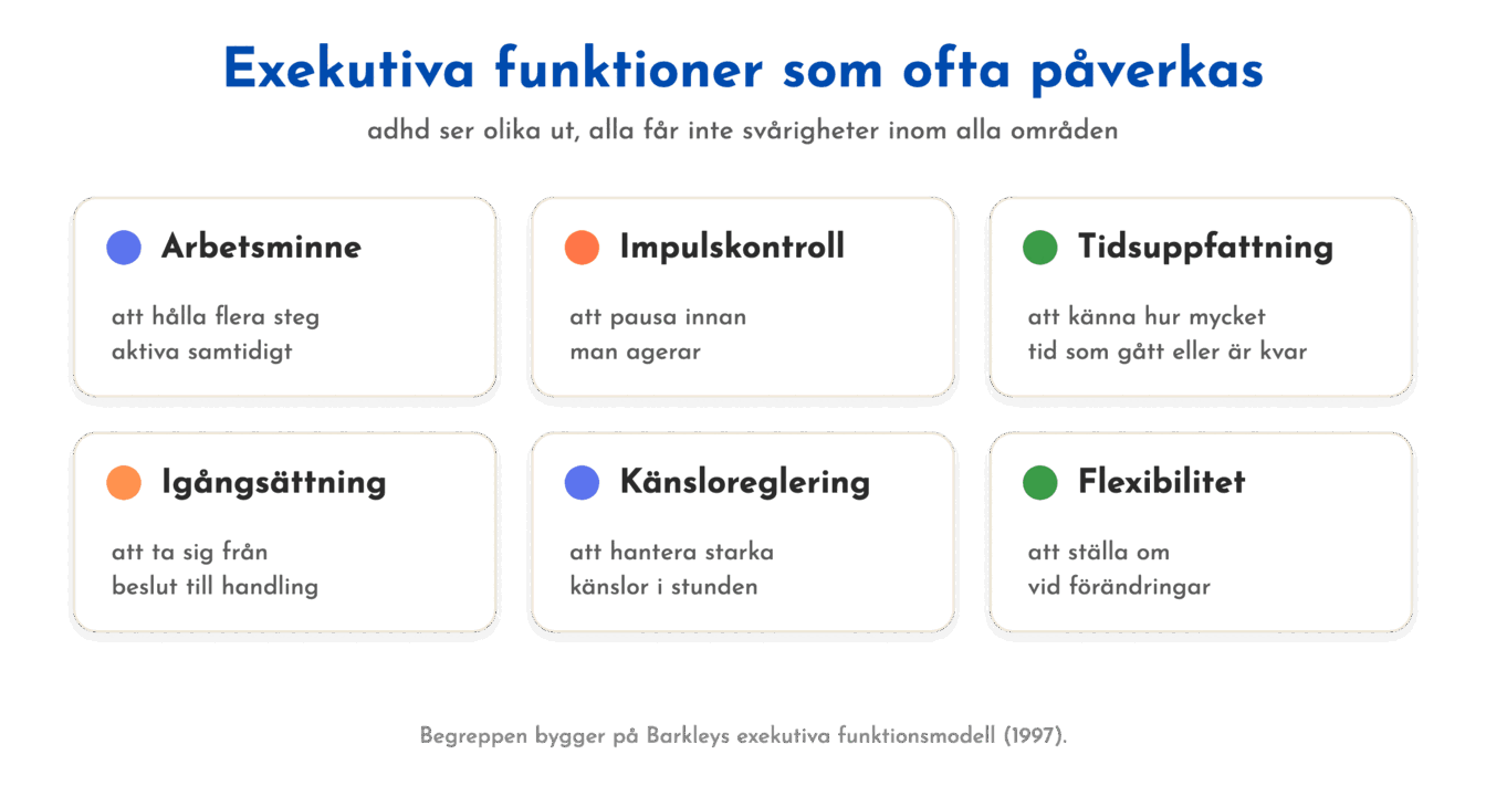 Exekutiva funktioner som ofta påverkas vid adhd.