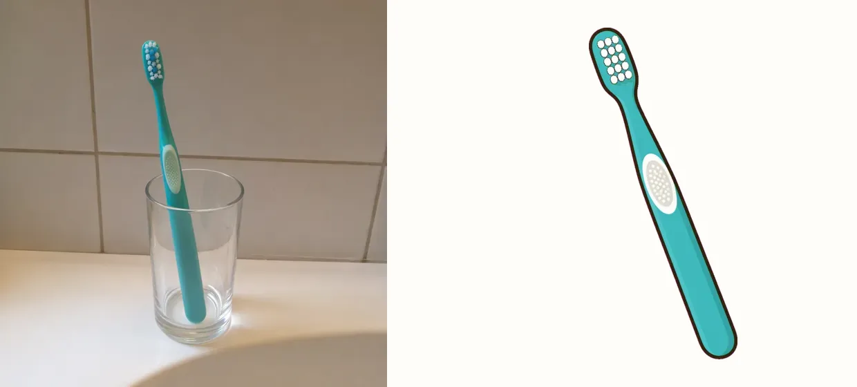 Ett foto av en tandborste i ett glas, och symbolen som Bild till symbol gjorde av fotot, i samma stil som biblioteket.