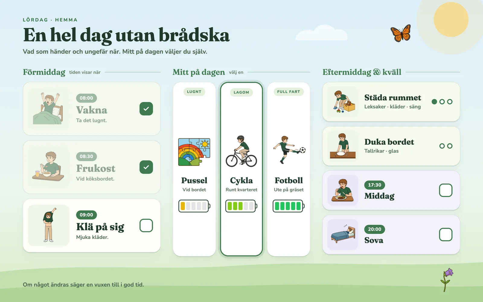 Ett exempel på bildstöd för en lördag hemma: förmiddag med klockslag, tre aktiviteter att välja mellan mitt på dagen, och eftermiddag och kväll.