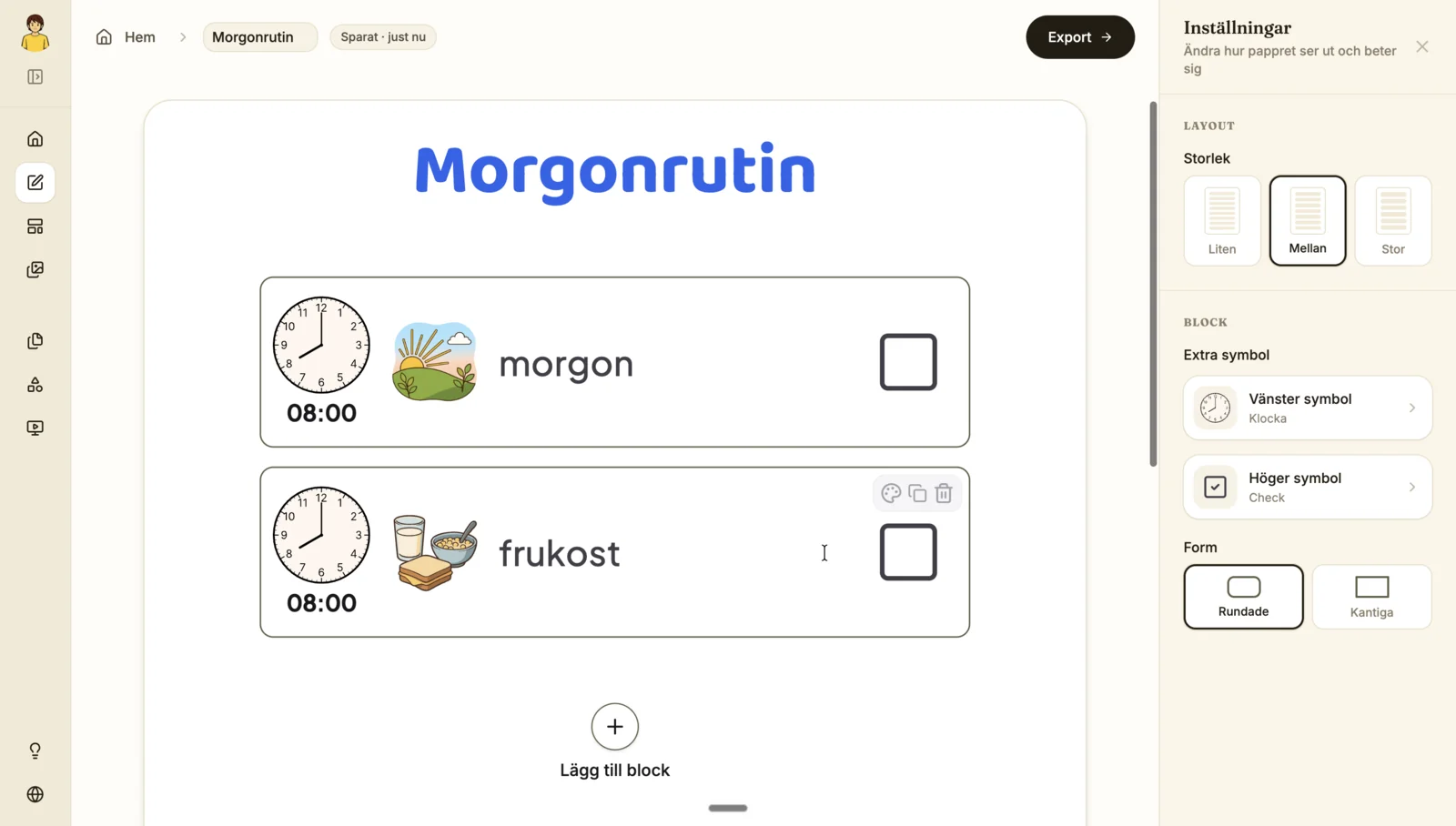Redigeraren i Áigi Plan med en morgonrutin: två kort med klocka, symbol och text, och inställningar för papperet till höger.