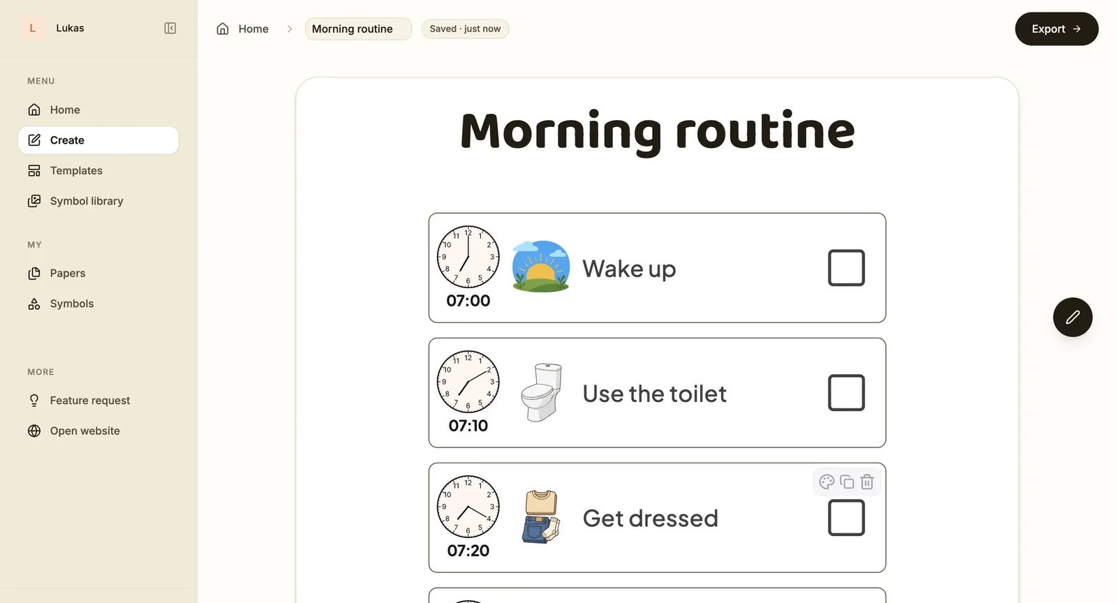 The Áigi Plan editor with a morning routine: two cards with a clock, a symbol and text, and the paper’s settings on the right.