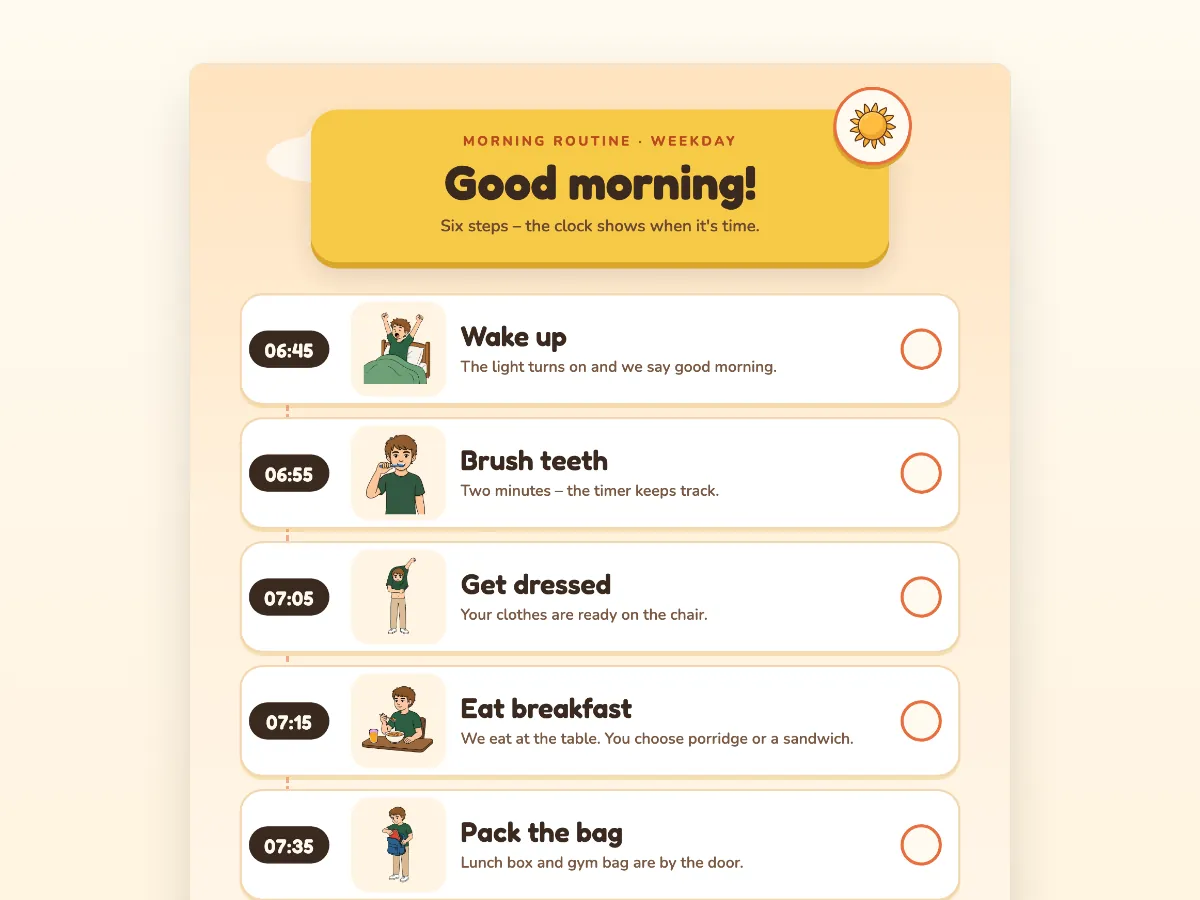 Morning routine visual schedule with times: wake up, brush teeth, get dressed, eat breakfast and pack the bag.