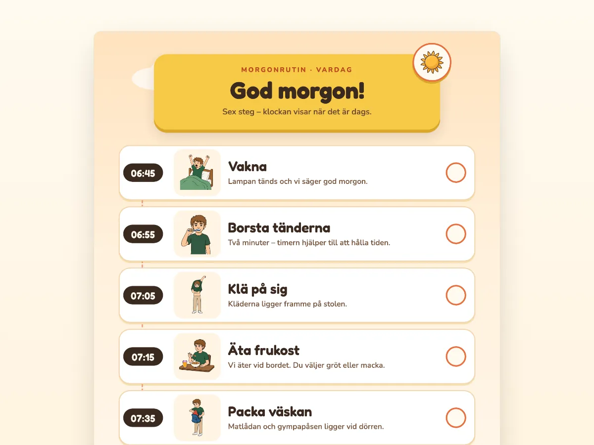 Bildstöd för morgonrutin med klockslag: vakna, borsta tänderna, klä på sig, äta frukost och packa väskan.