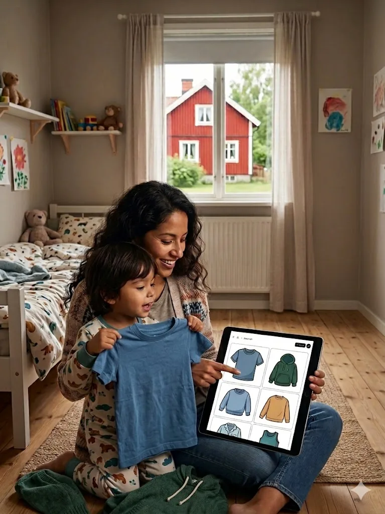 En förälder och ett barn på golvet i ett barnrum. Barnet håller upp en tröja, och på surfplattan syns bildstöd med kläder.