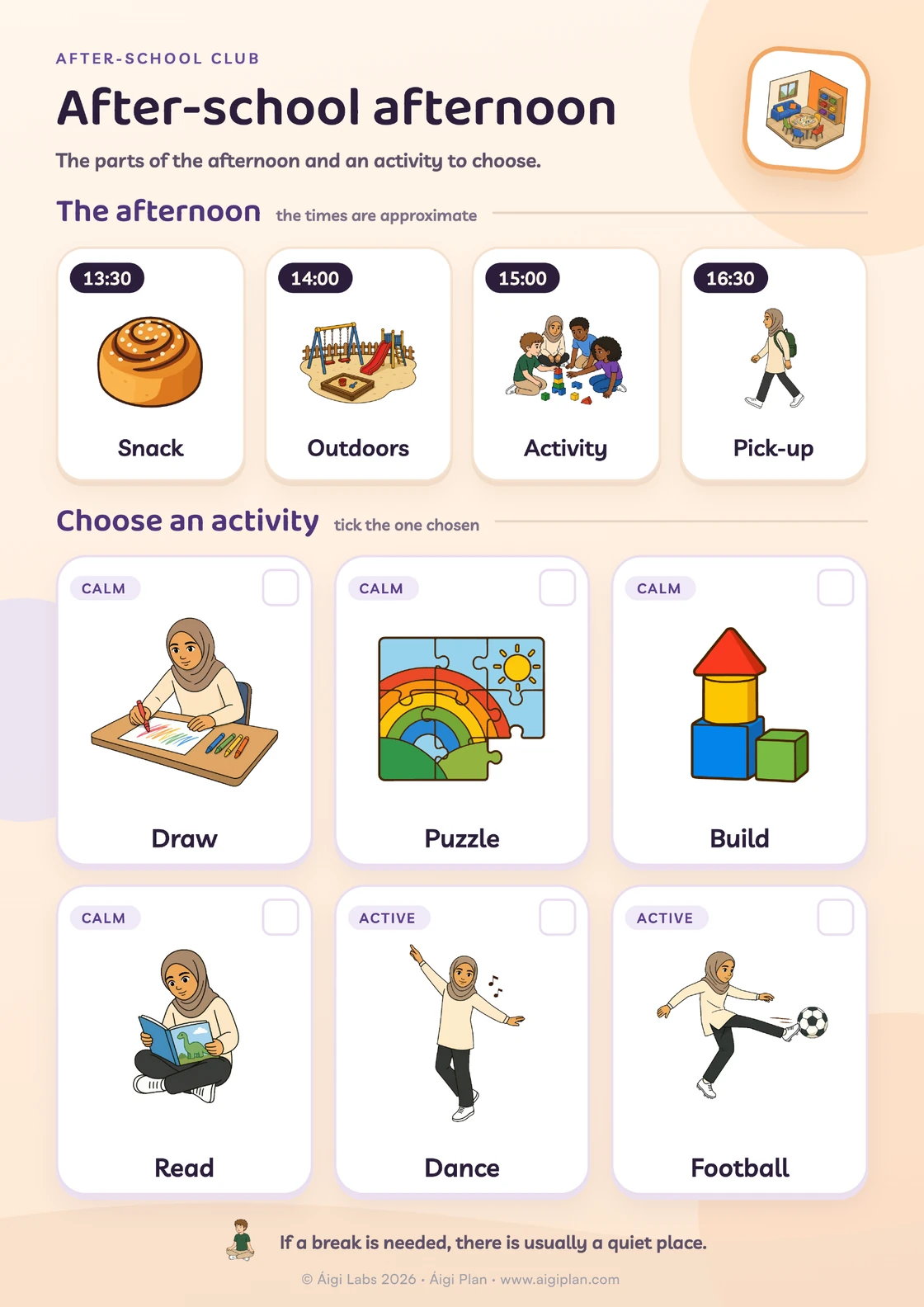 After-school visual schedule: snack, outdoors, activity, pick-up, draw, puzzle, build, read.