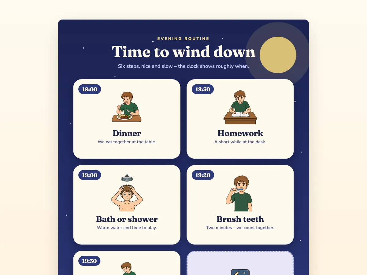 Evening routine visual schedule with times: dinner, homework, bath or shower, brush teeth, read a book and lights out.