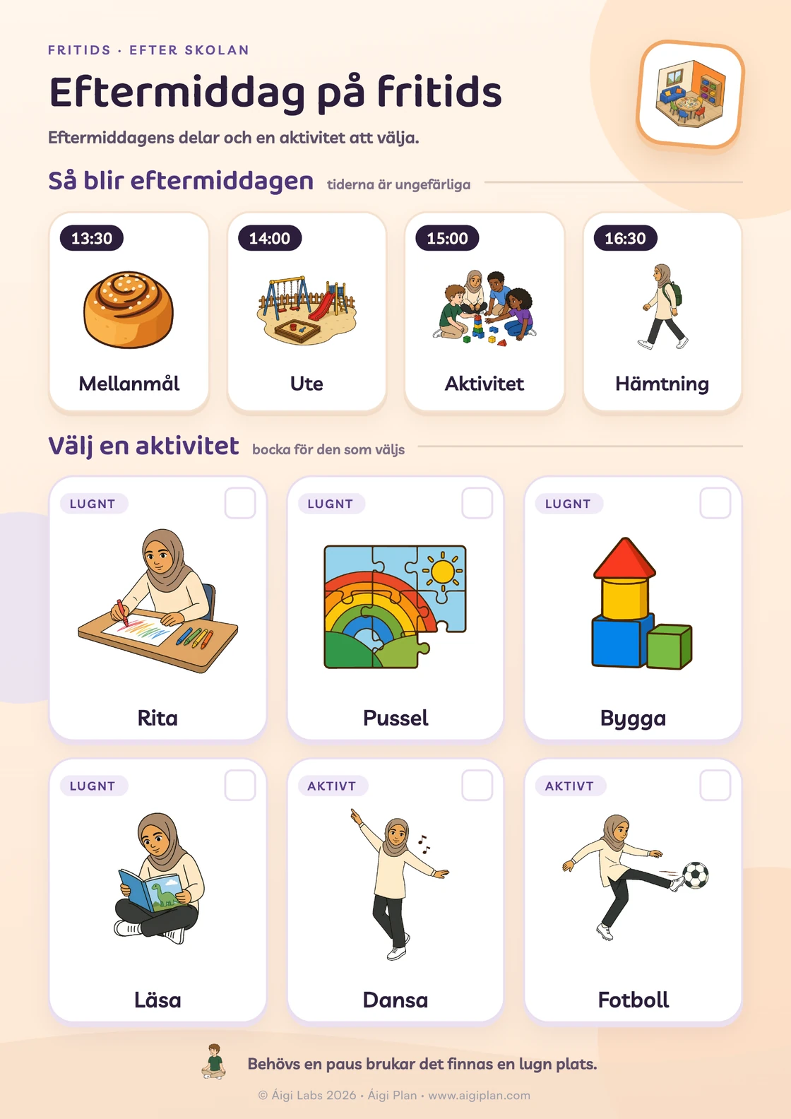 Schema för fritids med bilder: mellanmål, ute, aktivitet, hämtning, rita, pussel, bygga, läsa.