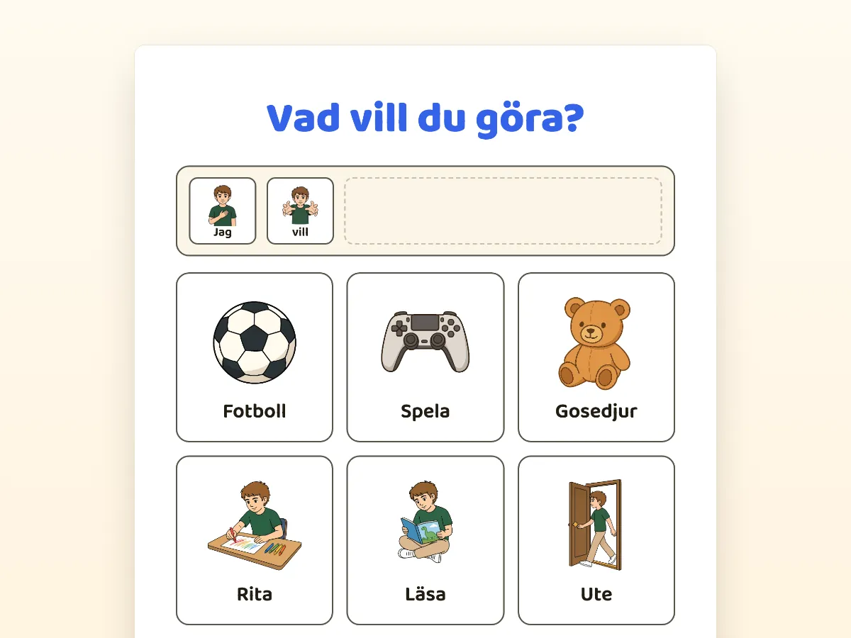 Valtavla för fritiden: jag vill, med fotboll, spela, gosedjur, rita, läsa och ute, och kärnord som ja, nej och hjälp.