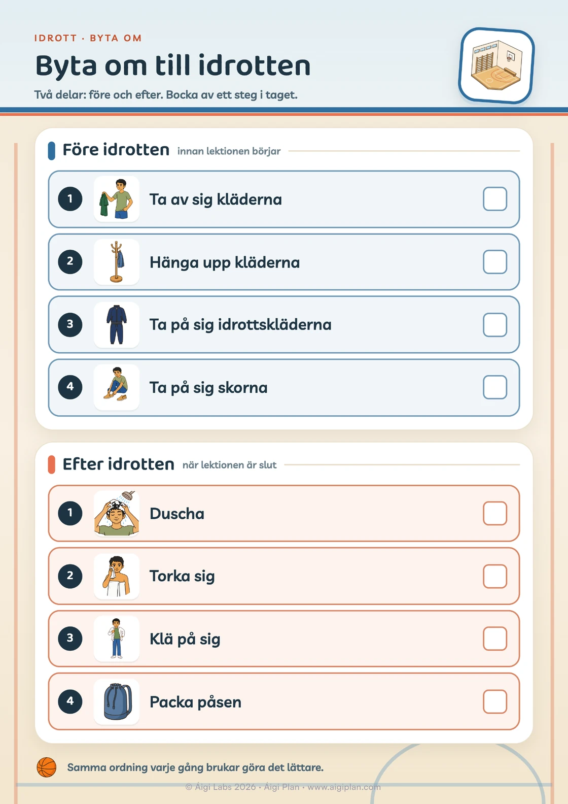 Bildstöd för idrott och ombyte: ta av sig kläderna, hänga upp kläderna, ta på sig idrottskläderna, ta på sig skorna, duscha, torka sig, klä på sig, packa påsen.