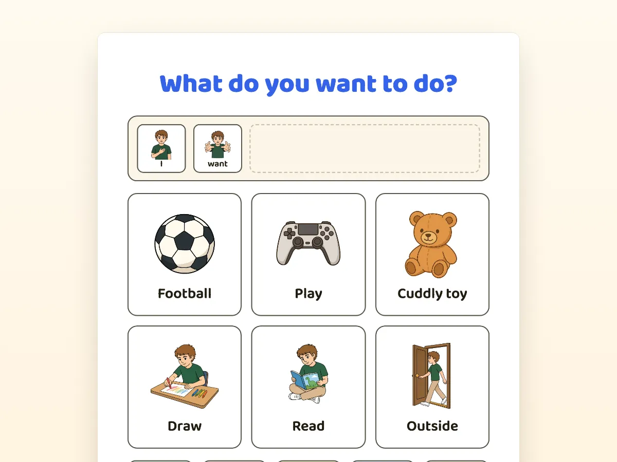 Leisure choice board: I want, with football, play, cuddly toy, draw, read and outside, plus core words like yes, no and help.