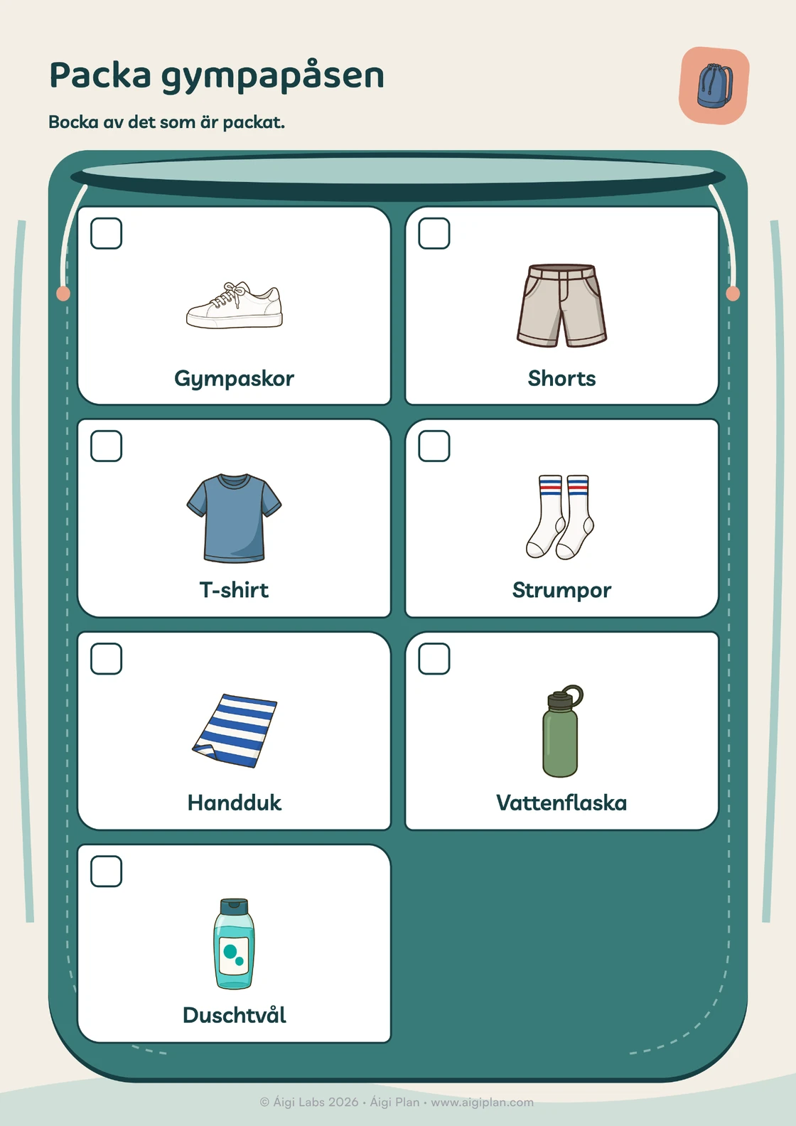 Packlista för idrotten: gympaskor, shorts, T-shirt, strumpor, handduk, vattenflaska, duschtvål.