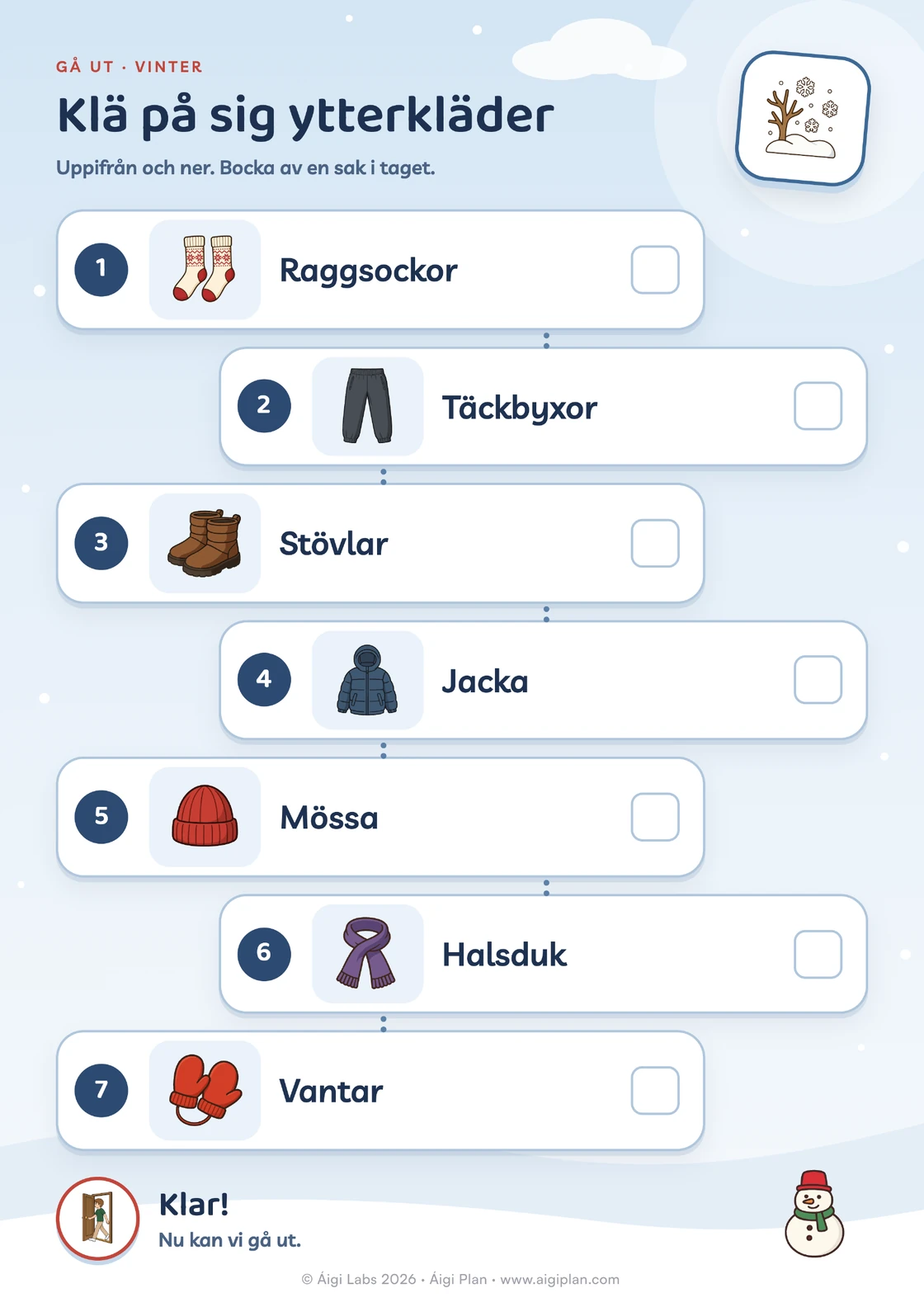 Bildstöd för påklädning: raggsockor, täckbyxor, stövlar, jacka, mössa, halsduk, vantar.