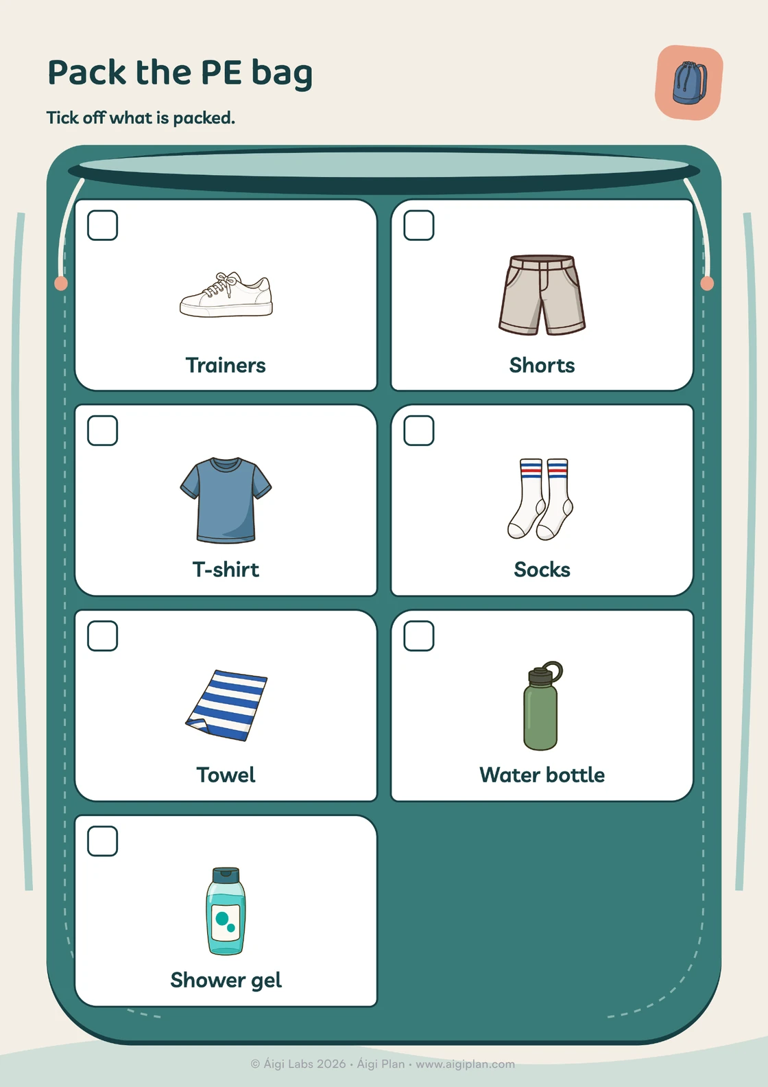 PE bag packing list: trainers, shorts, T-shirt, socks, towel, water bottle, shower gel.