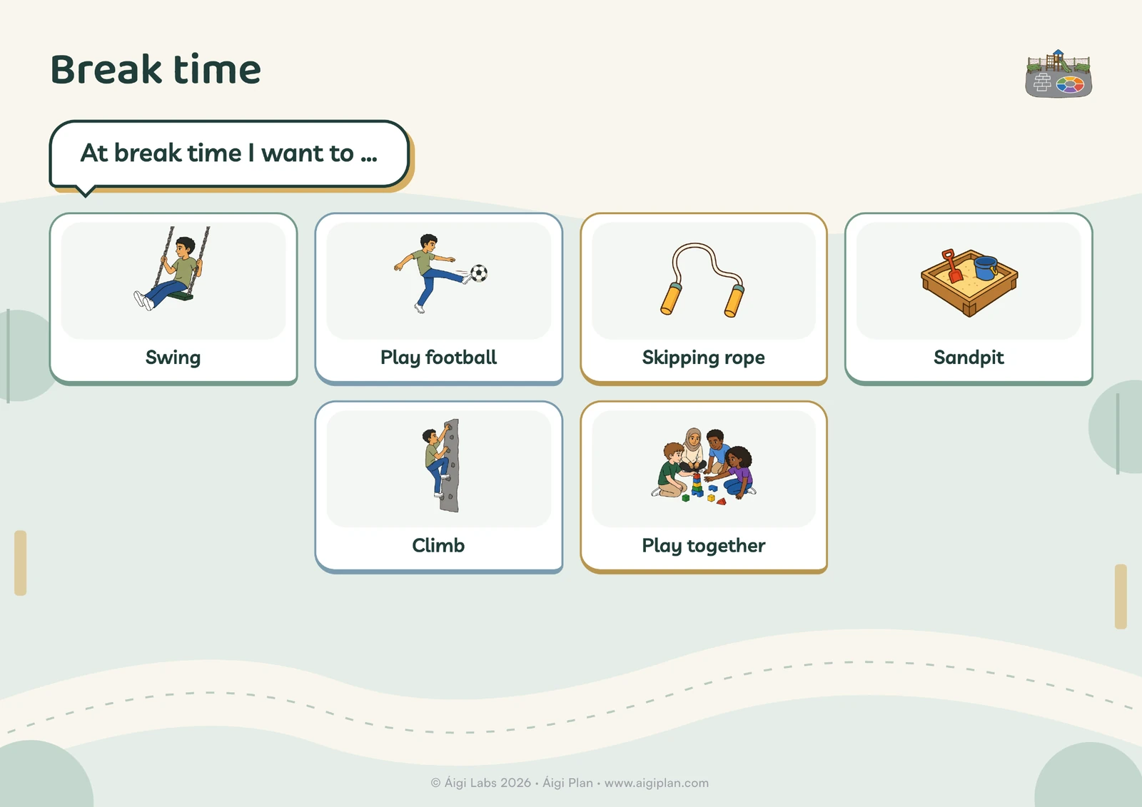 Recess choice board: swing, play football, skipping rope, sandpit, climb, play together.