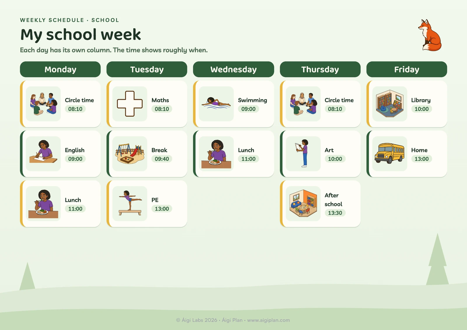 School week visual schedule: circle time, english, lunch, maths, break, PE, swimming, art.