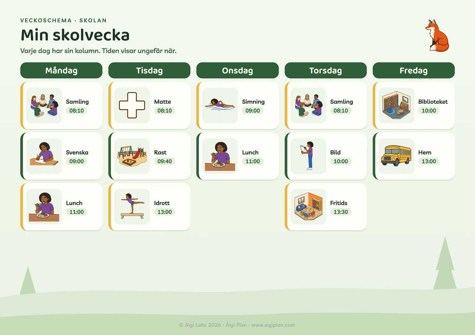 Veckoschema för skolan: samling, svenska, lunch, matte, rast, idrott, simning, bild.