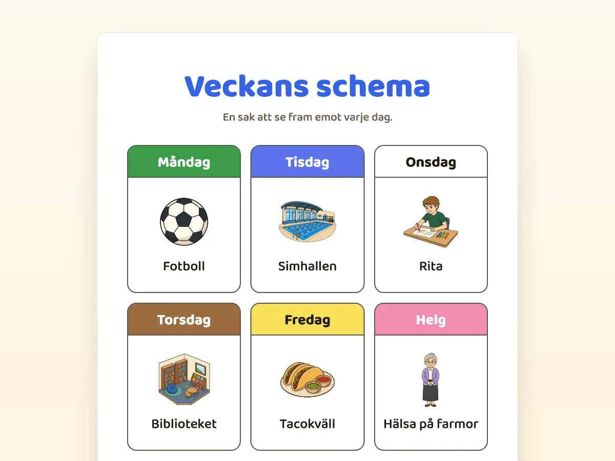 Veckoschema med en färg och en symbol per dag, från måndag till helg.
