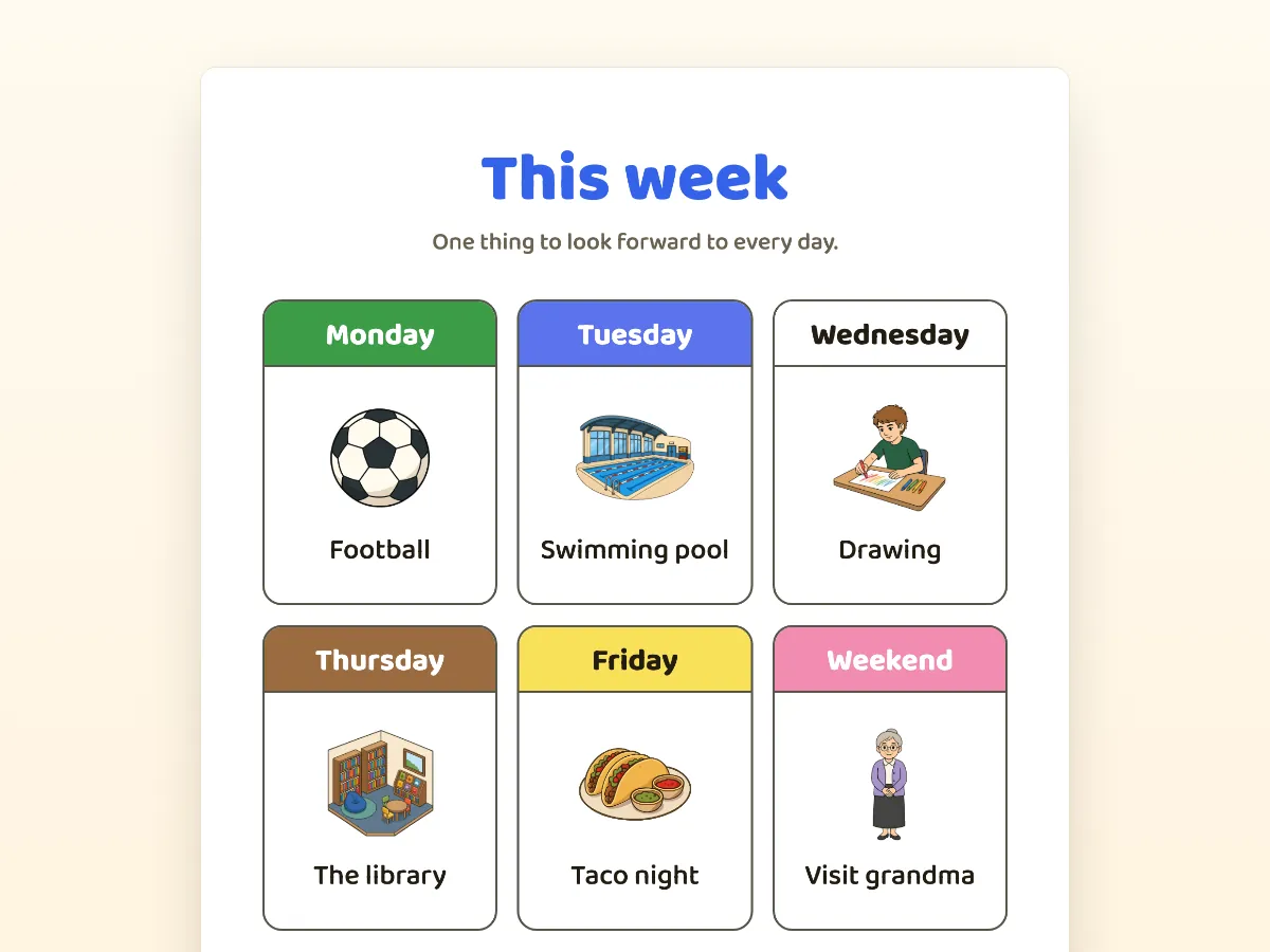 Weekly schedule with one colour and one symbol per day, from Monday to the weekend.