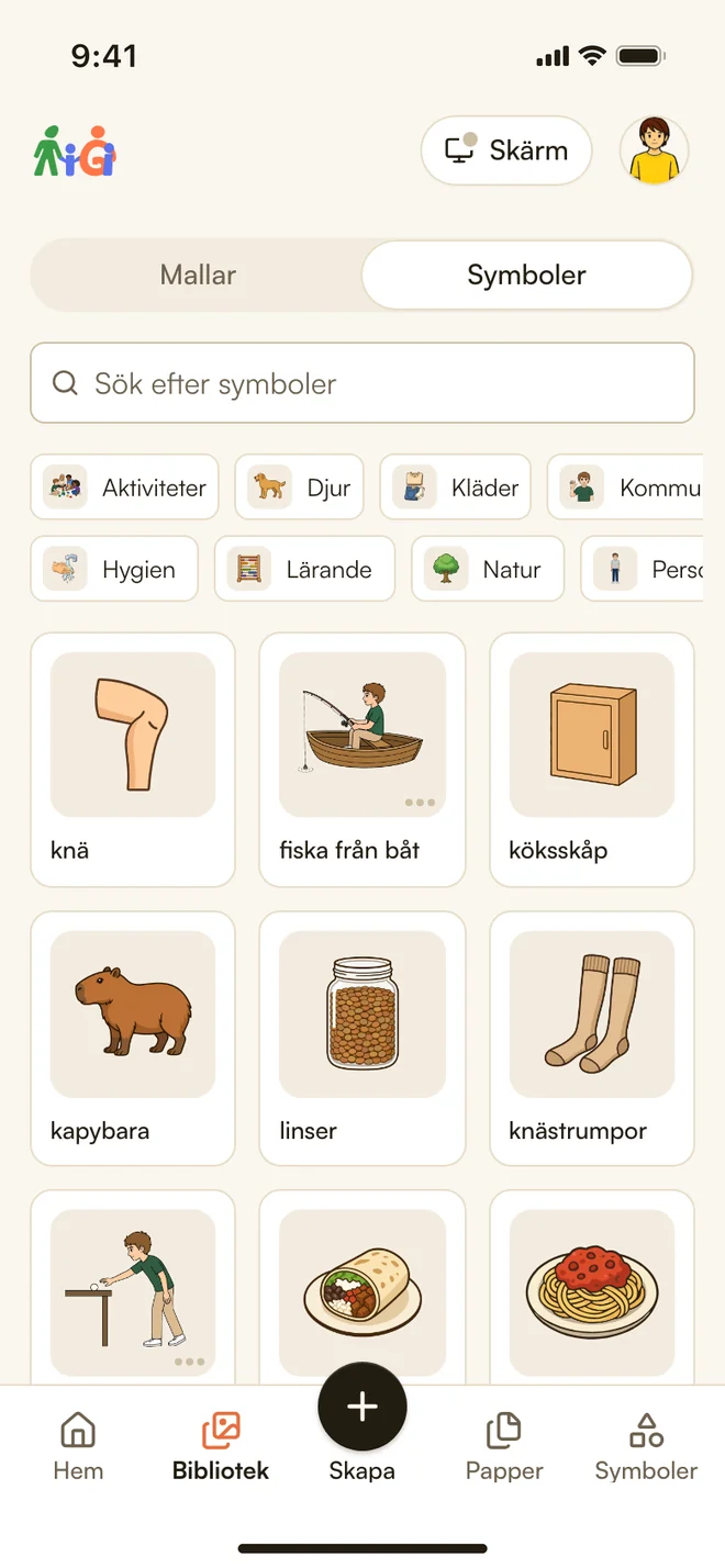 Symbolbiblioteket i Áigi Plan i mobilen: sök bland symboler eller bläddra i kategorier.