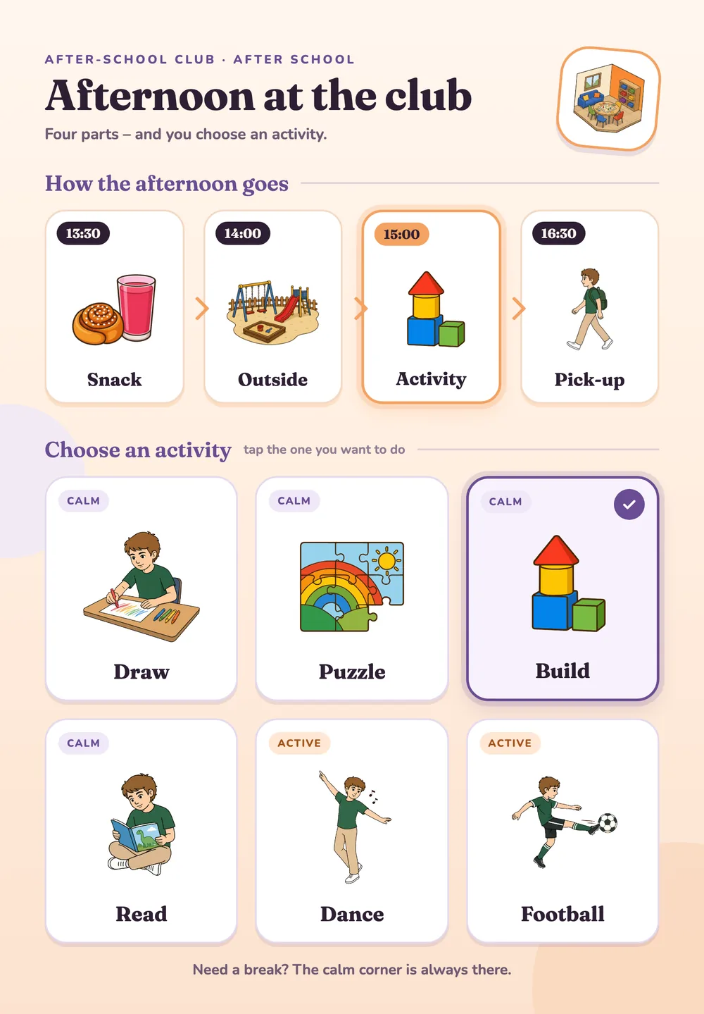 An afternoon at the after-school club on a tablet, with activities to choose from.
