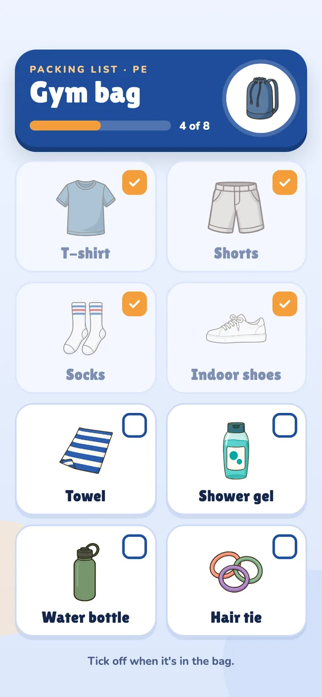 A gym bag packing list on a phone, four of eight things ticked.