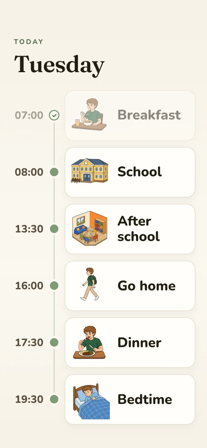 An example day schedule on a phone: Tuesday from breakfast to bedtime, with times.